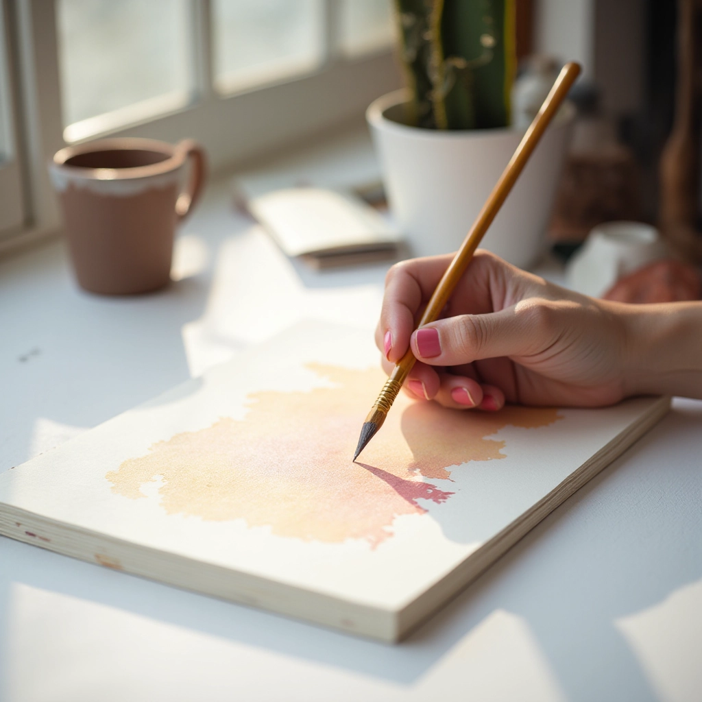 Artist's hand holding watercolor brush above mixed media paper pad during painting session