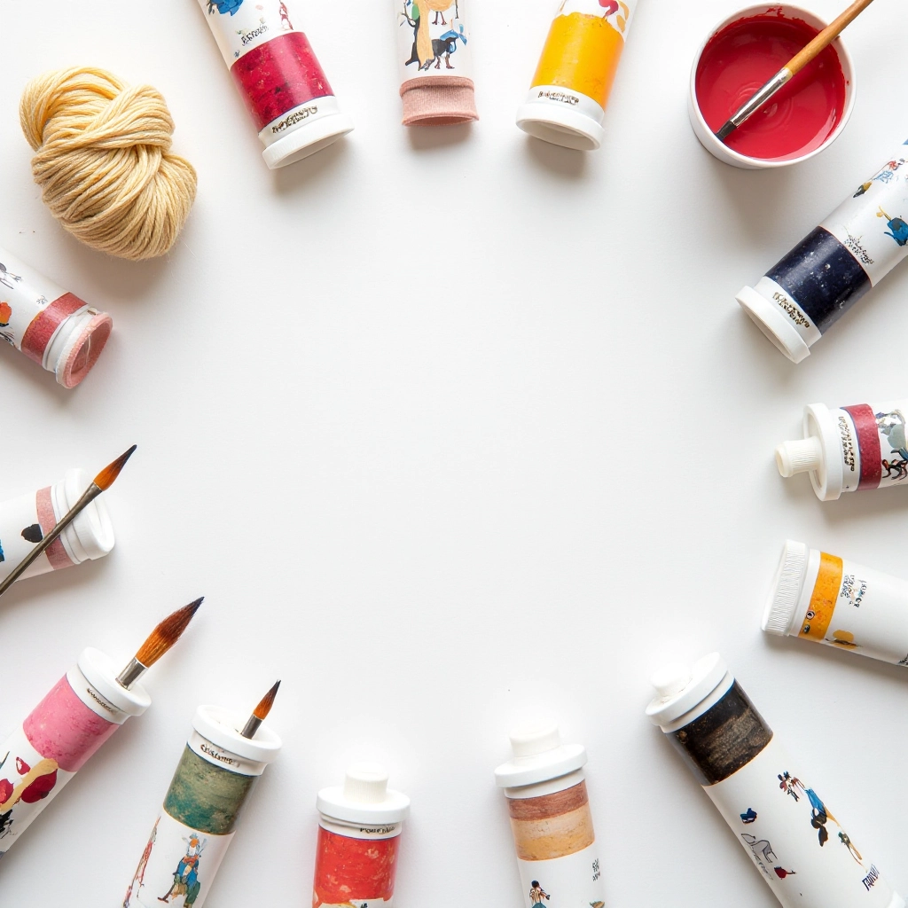 Flat lay arrangement of Winsor & Newton acrylic tubes with color swatches and art supplies on neutral background